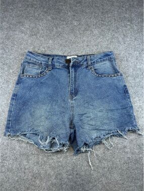 New Max USA Denim Shorts Women's Size 8 Distressed Studded Trim Y2K Style Summer